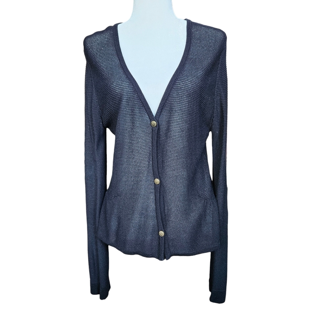 Lili Bleu knit black cotton cardigan rushed waist extended sleeve M / L / XL
